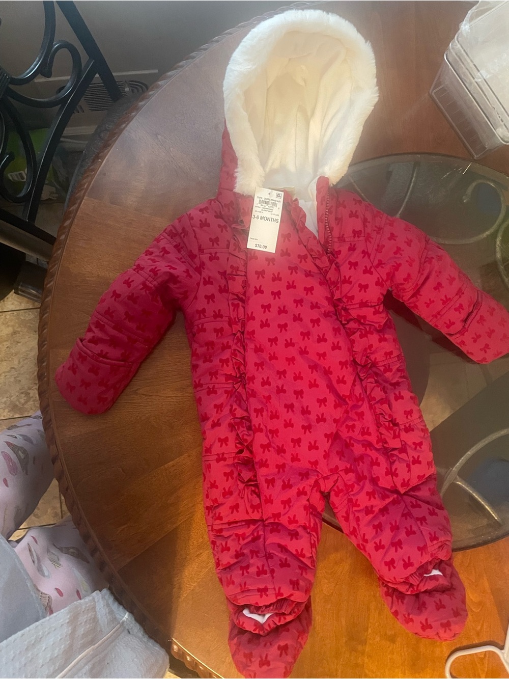 Pink Bow-Print Fleece-Lined Baby One-Piece Snowsuit